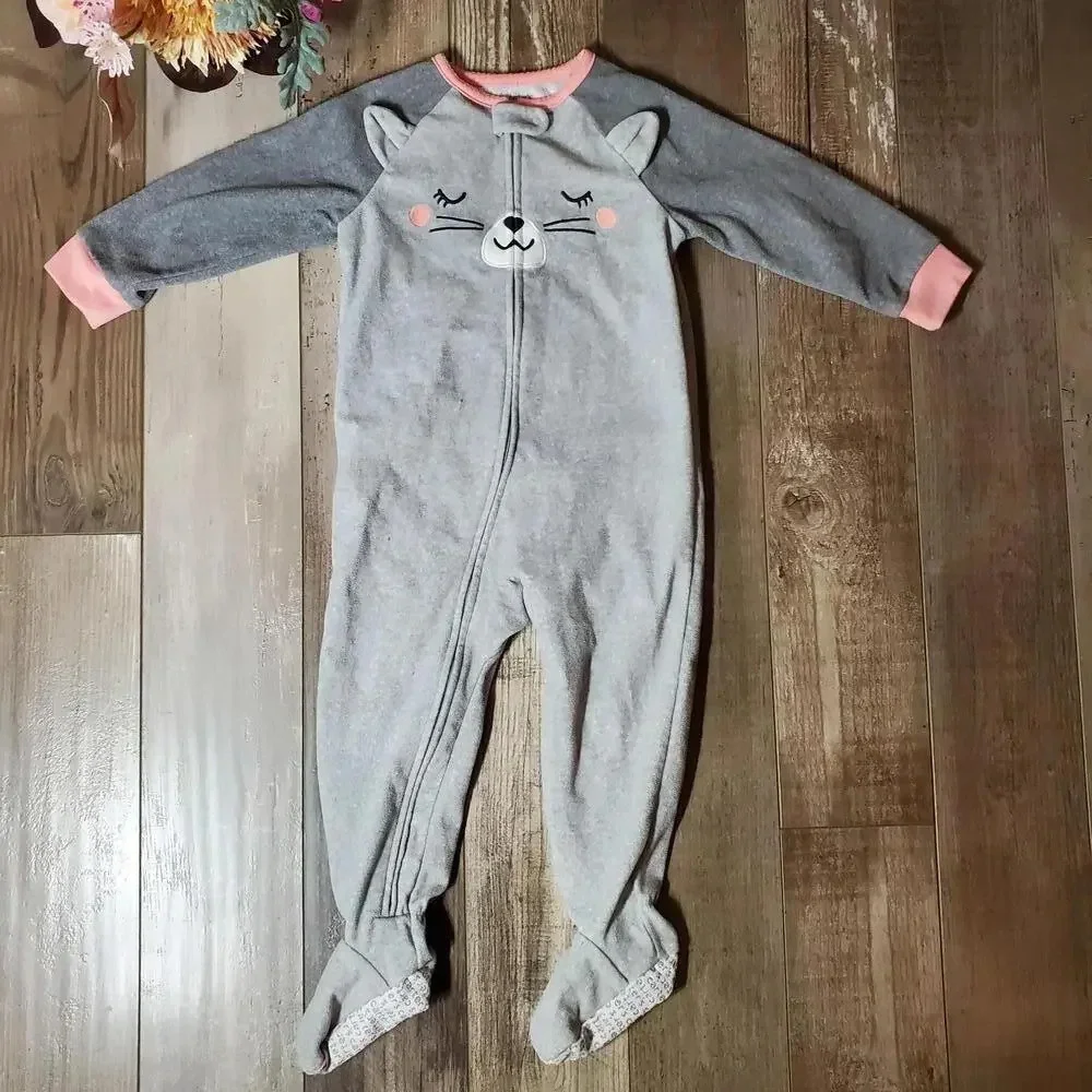 Carter's Toddler Girl Size 2T Gray and Pink Footed Fleece Sleeper Cat Face NWOT